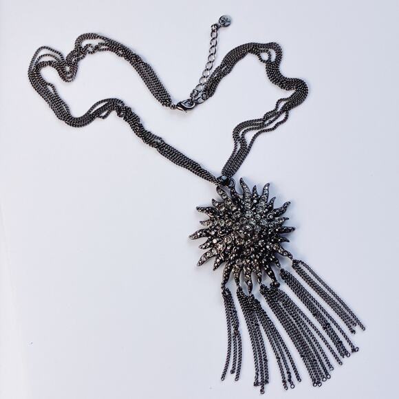 Rhinestone Sunburst Statement Necklace and Chain Fringe Gunmetal Jewelry - Picture 4 of 11